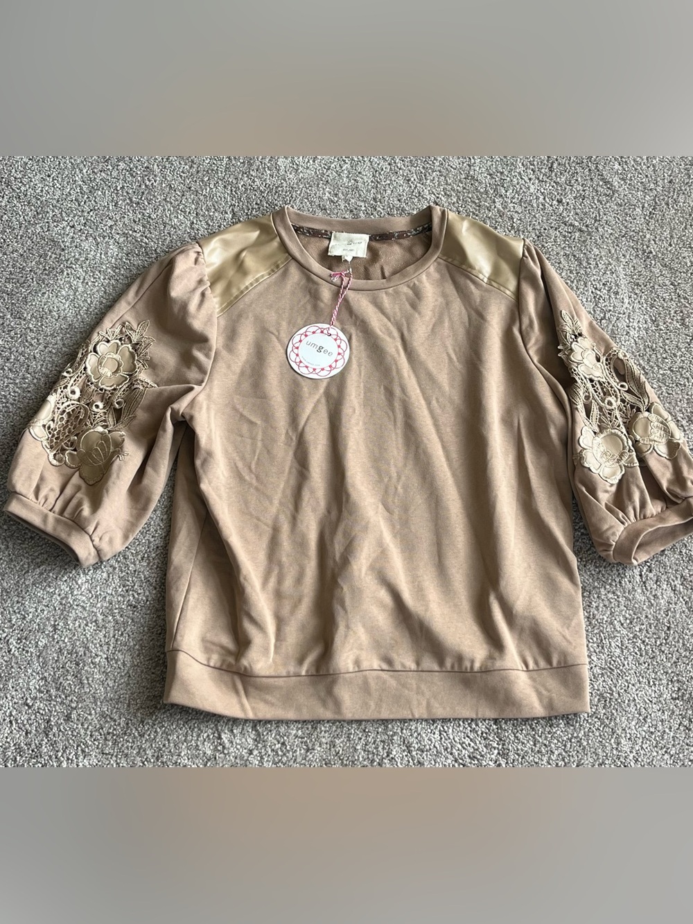 Umgee Taupe Pullover with Embroidered Floral Sleeves